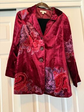 Coldwater Creek Women's Velvet Embroidered Jacket in Burgundy with slacks 12P